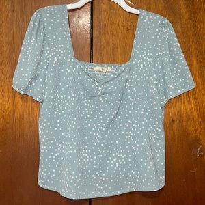 100% Polyester polka dots teal colored blouse. Size 2X